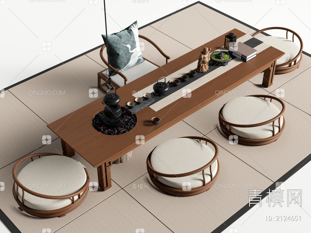 茶桌椅 茶台 蒲团 茶具 茶杯 榻榻米3D模型下载【ID:2124651】