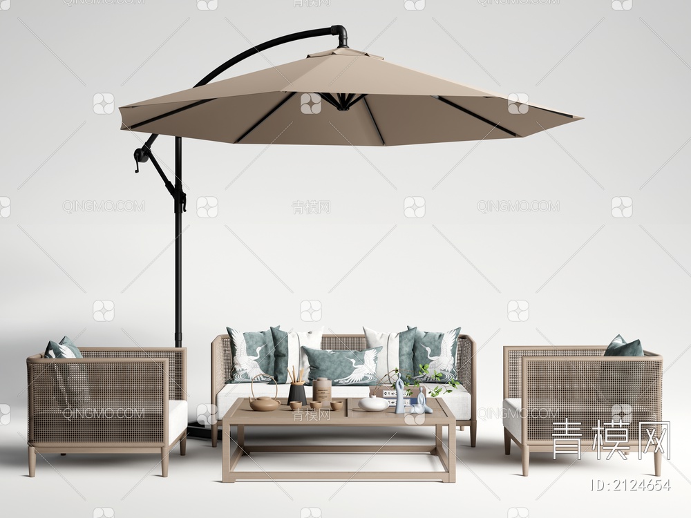 户外沙发组合 藤编沙发 遮阳伞 茶具3D模型下载【ID:2124654】