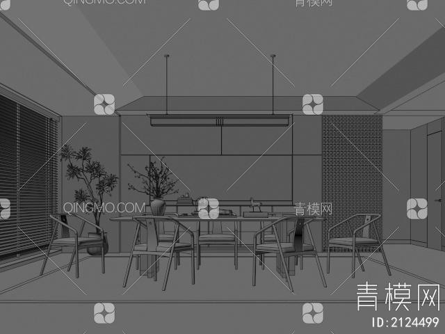餐厅 餐桌椅组合 餐边柜 吊灯 绿植 装饰品3D模型下载【ID:2124499】
