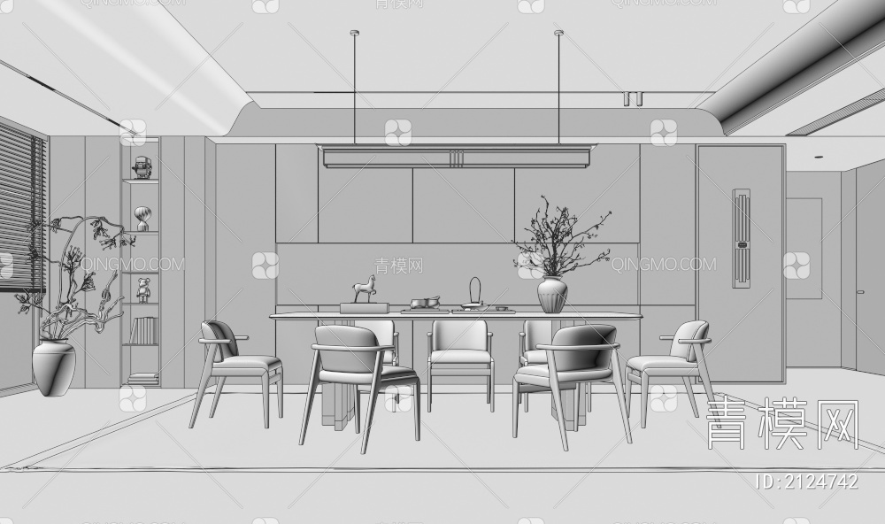 餐厅 餐桌椅组合 餐边柜 吊灯 绿植 装饰品3D模型下载【ID:2124742】