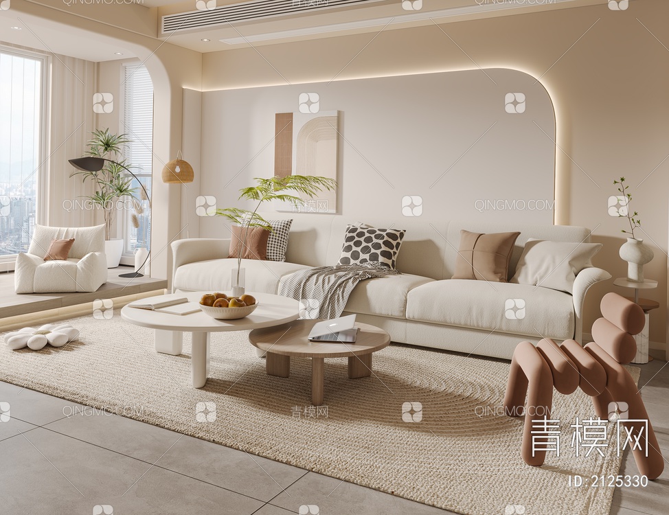 客厅 沙发组合 休闲椅 茶几 挂画 落地灯3D模型下载【ID:2125330】