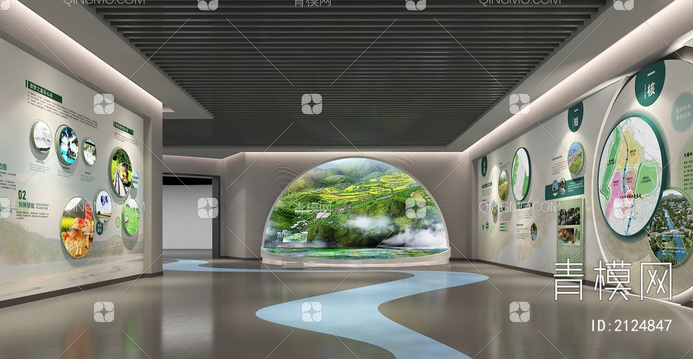 绿色生态展厅 数字沙盘 互动触摸一体机 弧形屏3D模型下载【ID:2124847】