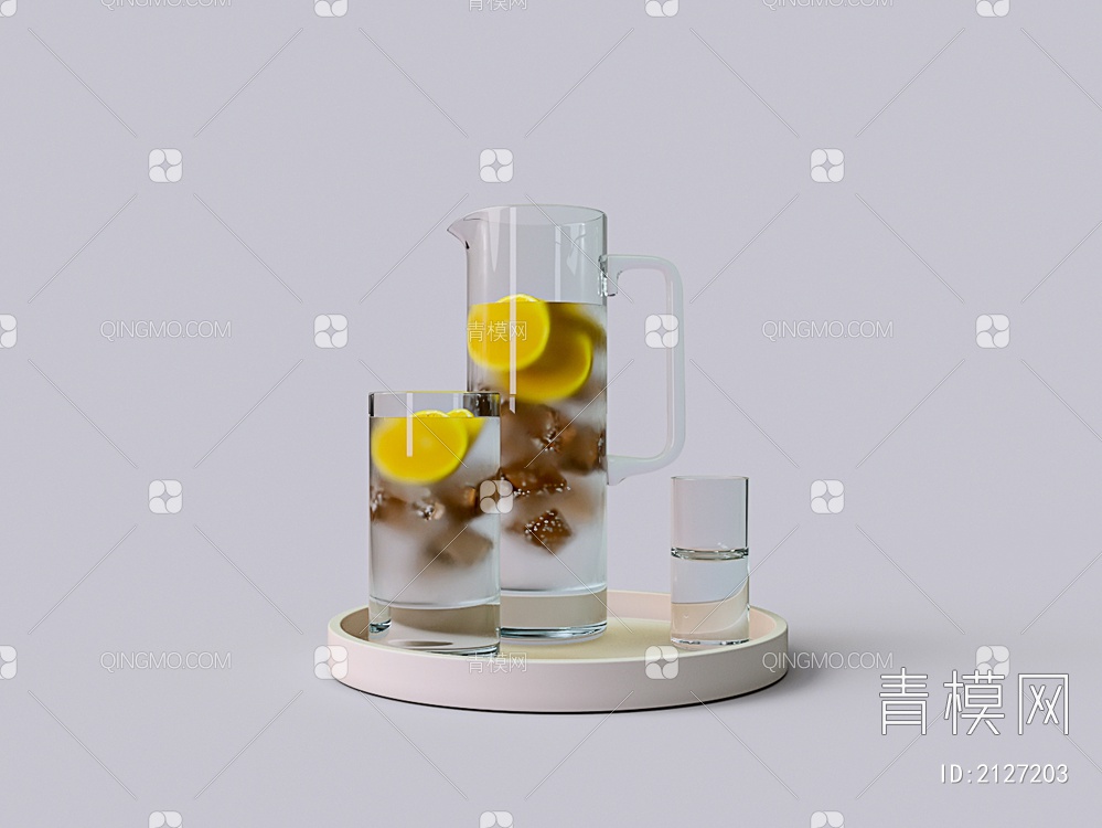 托盘 玻璃水壶 玻璃杯3D模型下载【ID:2127203】