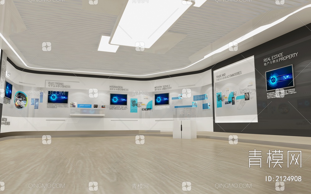科技企业展厅 互动触摸一体机 LED拼接屏 地图剪影 航空3D模型下载【ID:2124908】