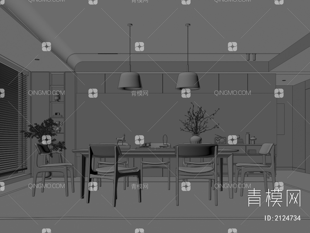 餐厅 餐桌椅组合 餐边柜 吊灯 绿植 装饰品3D模型下载【ID:2124734】