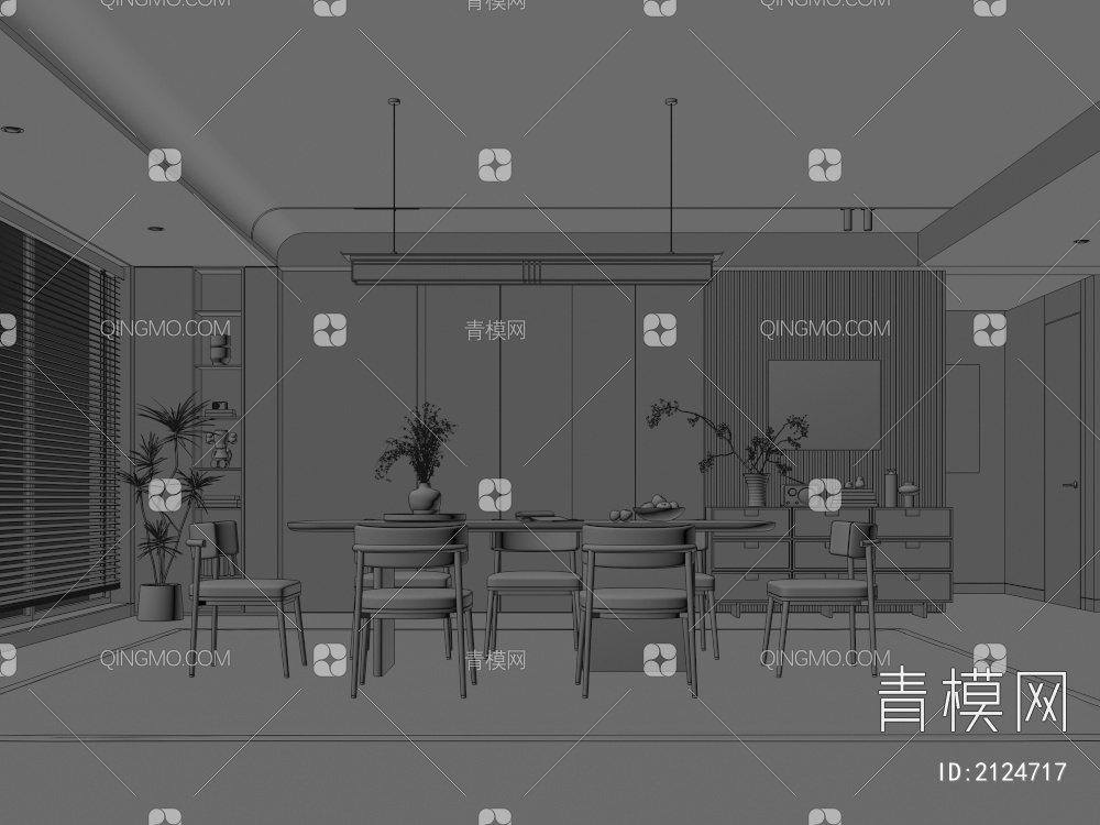 餐厅 餐桌椅组合 餐边柜 吊灯 绿植 装饰品3D模型下载【ID:2124717】