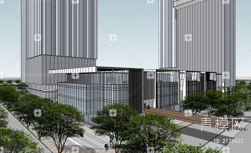 200米超级总部超高层办公商业街SU模型下载【ID:2125632】