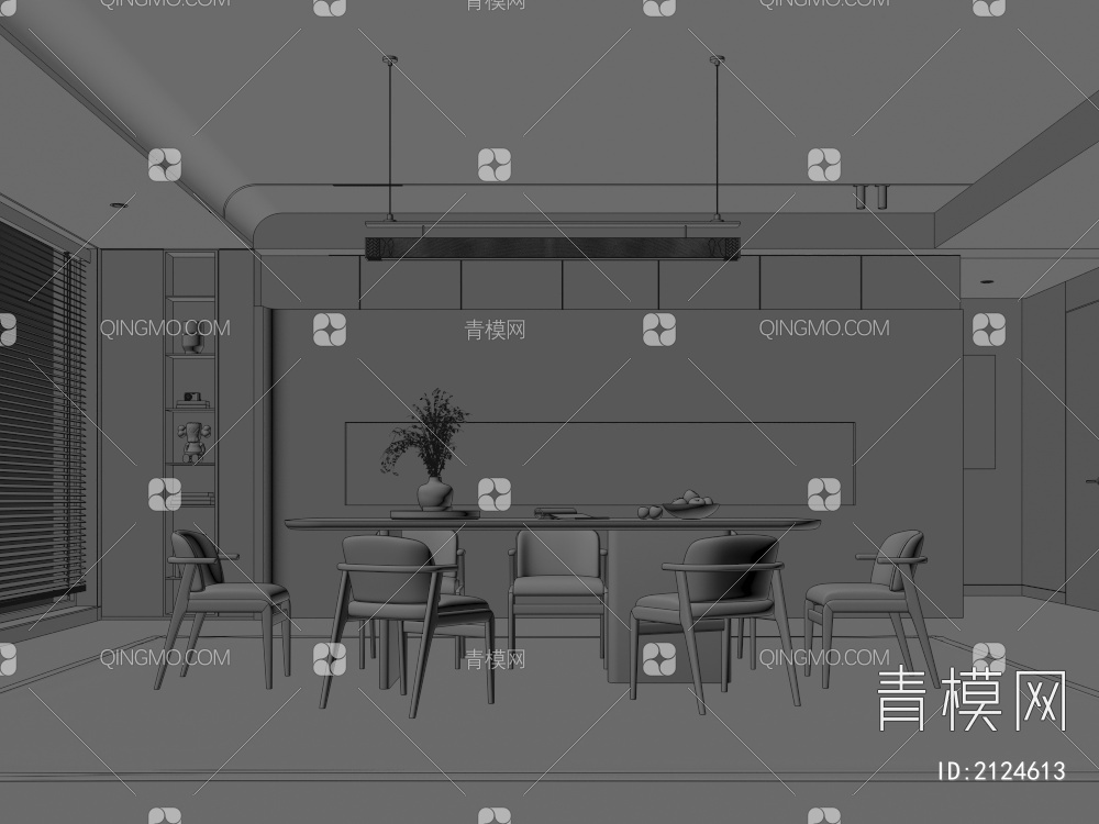 餐厅 餐桌椅组合 餐边柜 吊灯 绿植 装饰品3D模型下载【ID:2124613】