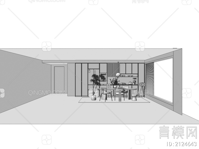 餐厅 餐桌椅 开放橱柜 冰箱 植物 盆栽3D模型下载【ID:2124643】