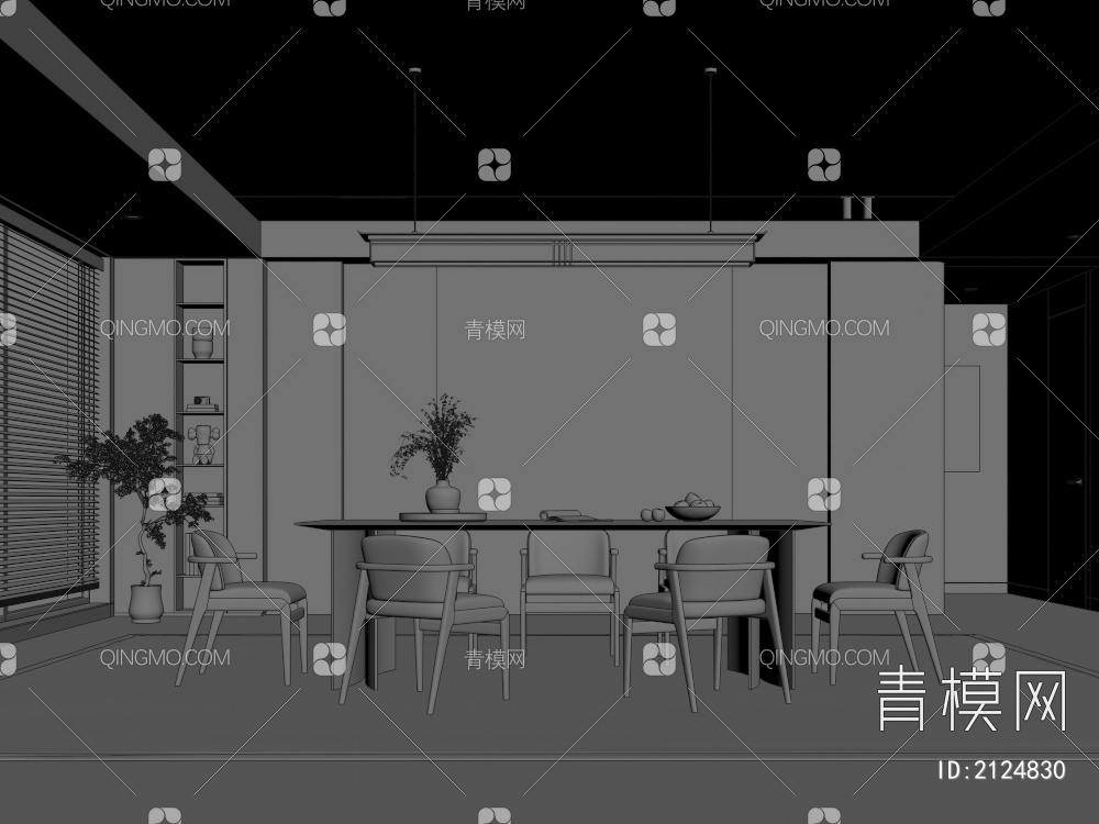餐厅 餐桌椅组合 餐边柜 吊灯 绿植 装饰品3D模型下载【ID:2124830】