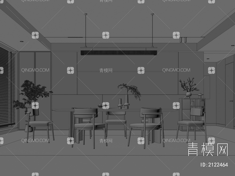 餐厅 餐桌椅组合 餐边柜 吊灯 绿植 装饰品3D模型下载【ID:2122464】