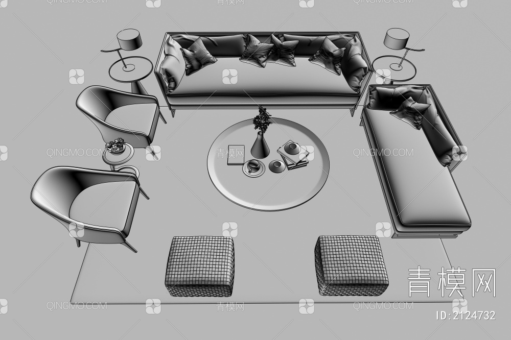 沙发茶几组合   单椅沙发  台灯 地毯 沙发组合  绿植 摆件 书籍3D模型下载【ID:2124732】