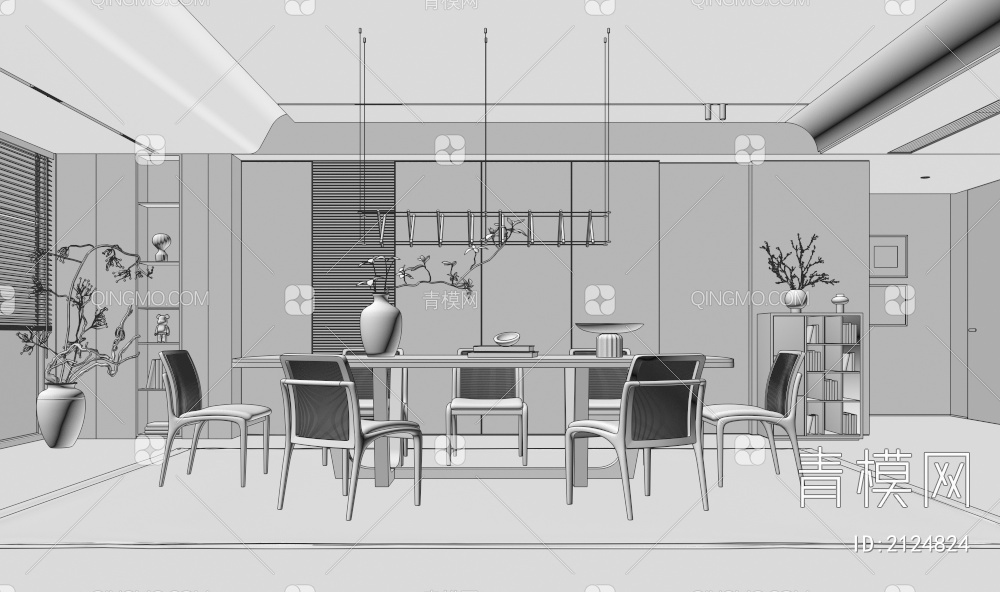 餐厅 餐桌椅组合 餐边柜 吊灯 绿植 装饰品3D模型下载【ID:2124824】