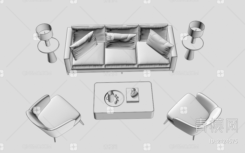 沙发茶几组合   单椅  台灯3D模型下载【ID:2124575】