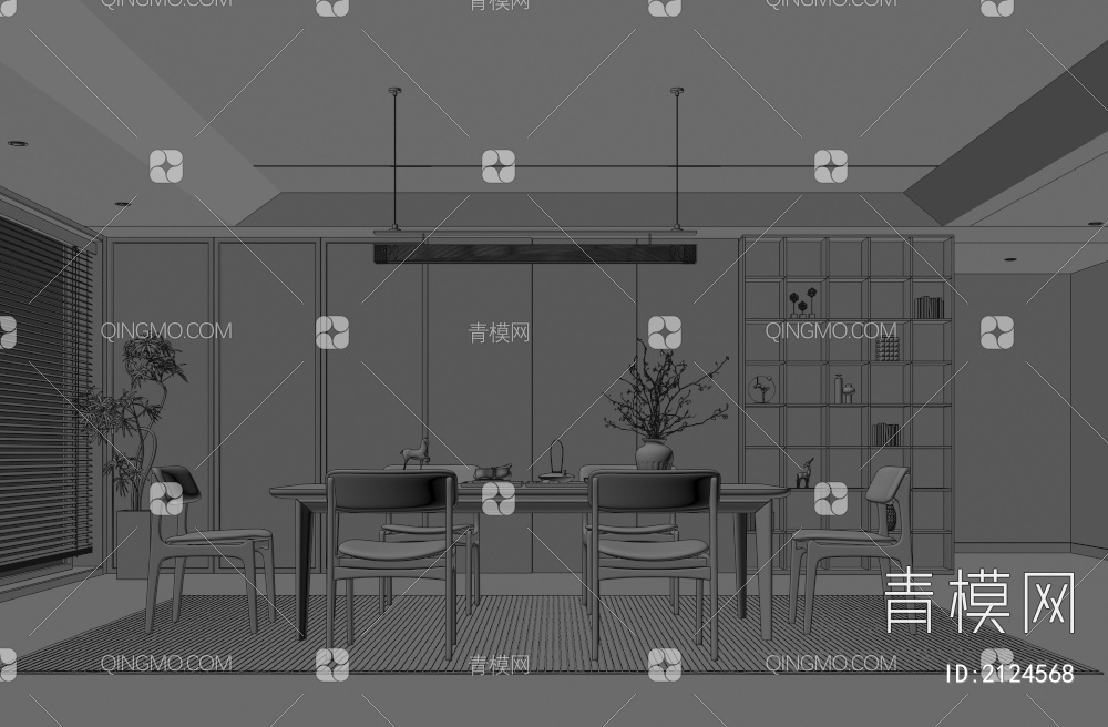 餐厅 餐桌椅组合 餐边柜 吊灯 绿植 装饰品3D模型下载【ID:2124568】