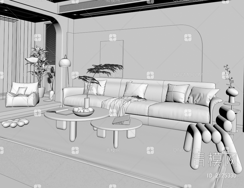客厅 沙发组合 休闲椅 茶几 挂画 落地灯3D模型下载【ID:2125330】