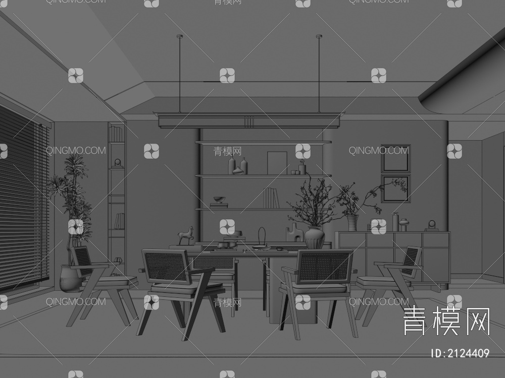 餐厅 餐桌椅组合 餐边柜 吊灯 绿植 装饰品3D模型下载【ID:2124409】