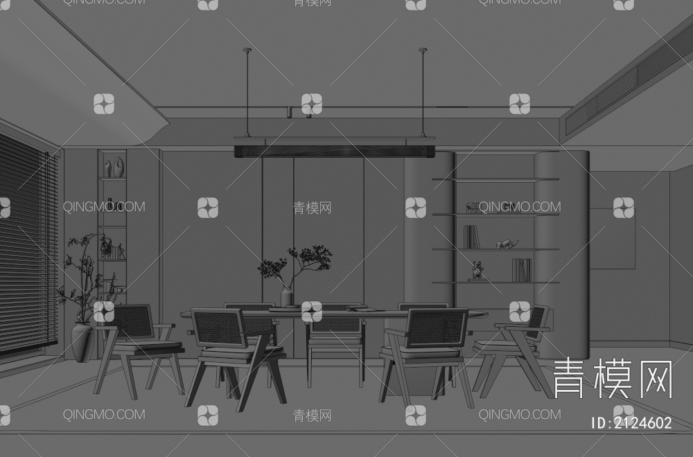 餐厅 餐桌椅组合 餐边柜 吊灯 绿植 装饰品3D模型下载【ID:2124602】