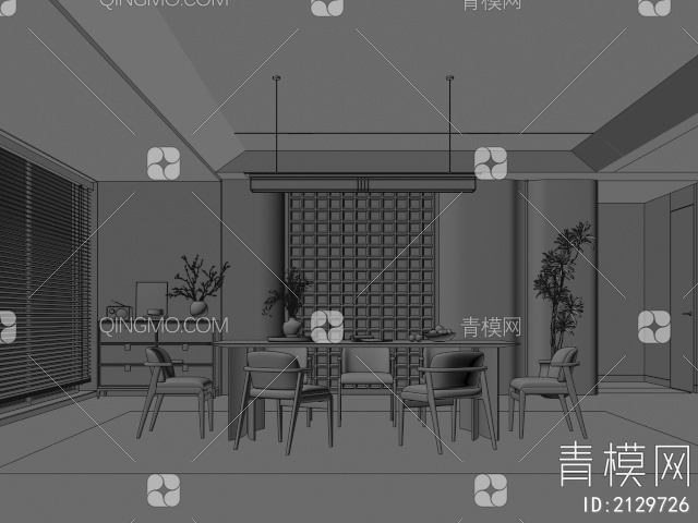 餐厅 餐桌椅组合 餐边柜 吊灯 绿植 装饰品3D模型下载【ID:2129726】