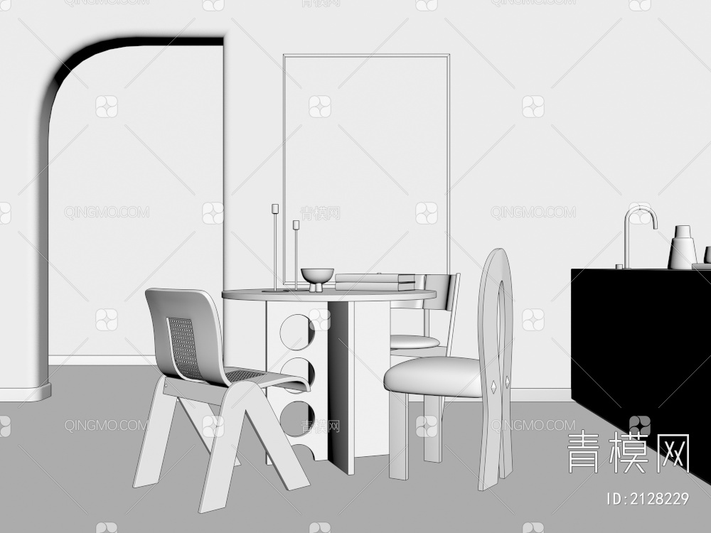 黑白撞色木质圆桌椅组合3D模型下载【ID:2128229】