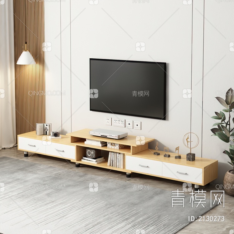 电视柜 吊灯 绿植 电视 地毯 窗帘组合3D模型下载【ID:2130273】
