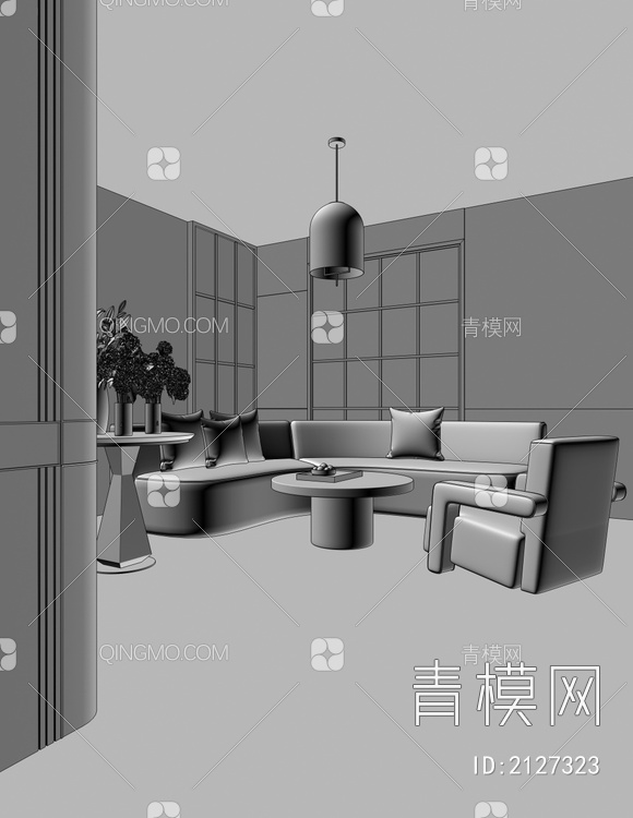 售楼处休息区 沙发 茶几 装饰花瓶3D模型下载【ID:2127323】
