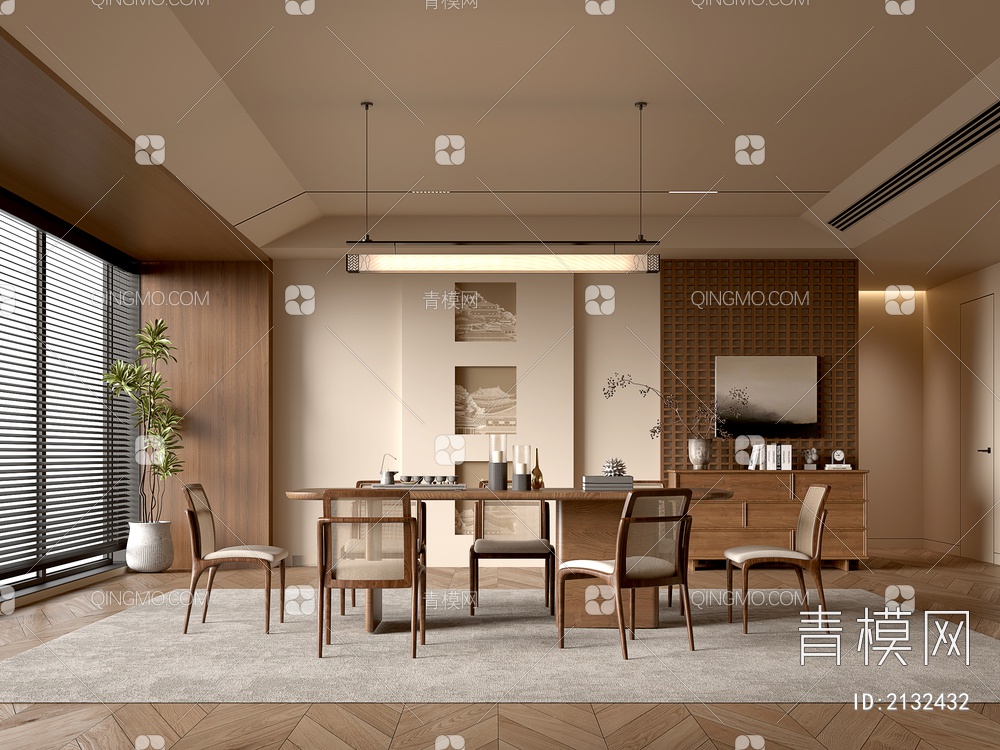 餐厅 餐桌椅组合 餐边柜 吊灯 绿植 装饰品3D模型下载【ID:2132432】