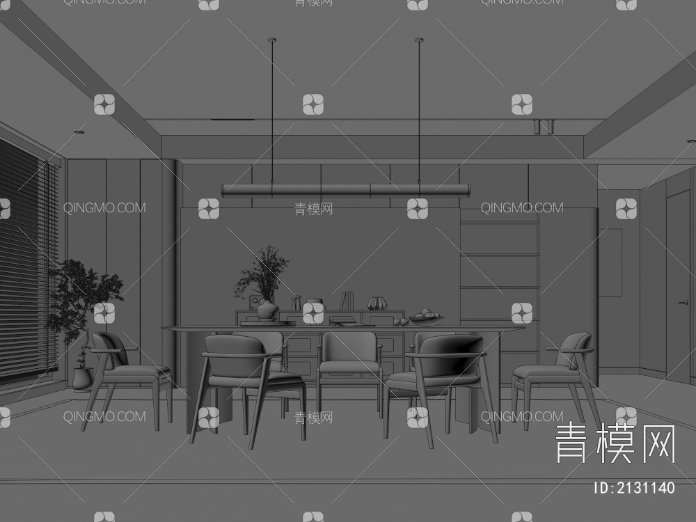 餐厅 餐桌椅组合 餐边柜 吊灯 绿植 装饰品3D模型下载【ID:2131140】