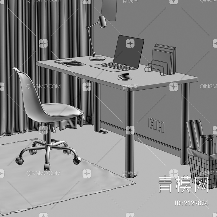 书桌椅 书桌 地毯 椅子 笔记本 台灯 窗帘 组合3D模型下载【ID:2129824】
