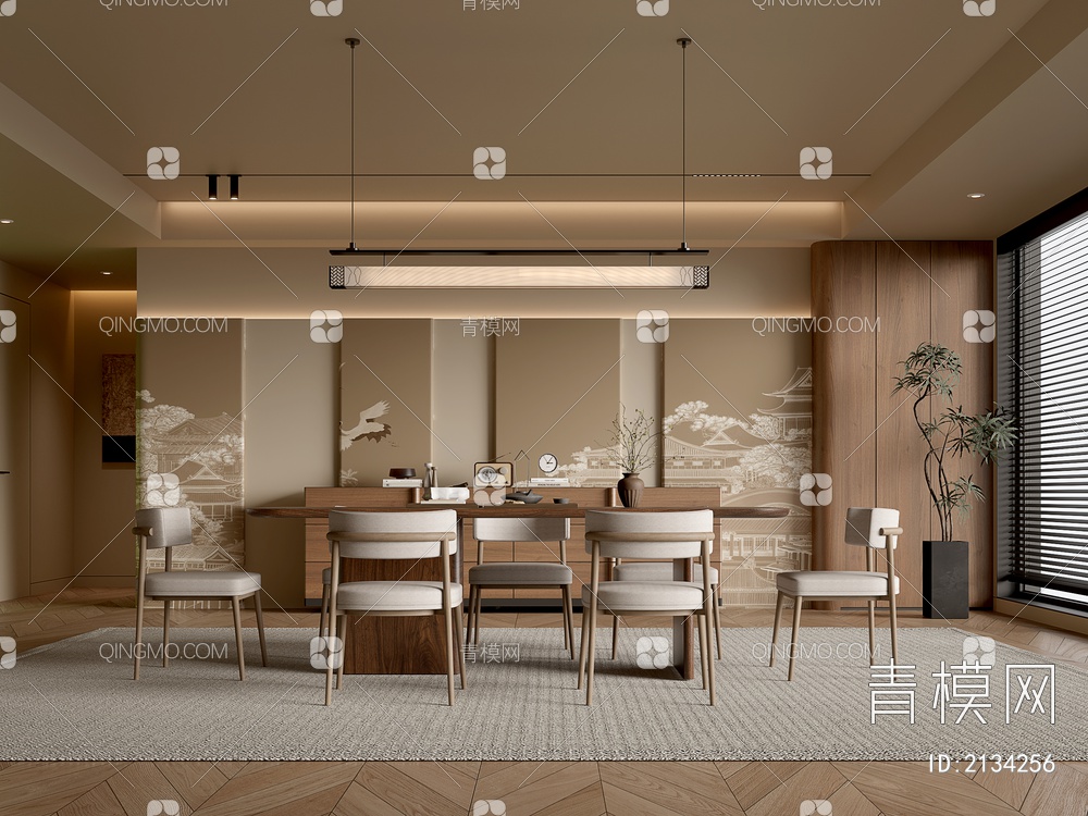 餐厅 餐桌椅组合 餐边柜 吊灯 绿植 装饰品3D模型下载【ID:2134256】