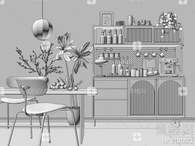 餐边柜 边柜 餐桌椅 厨房用品 咖啡机3D模型下载【ID:2131473】