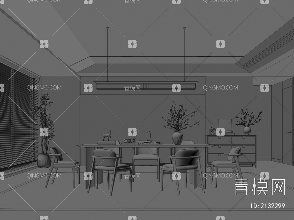 餐厅 餐桌椅组合 餐边柜 吊灯 绿植 装饰品3D模型下载【ID:2132299】