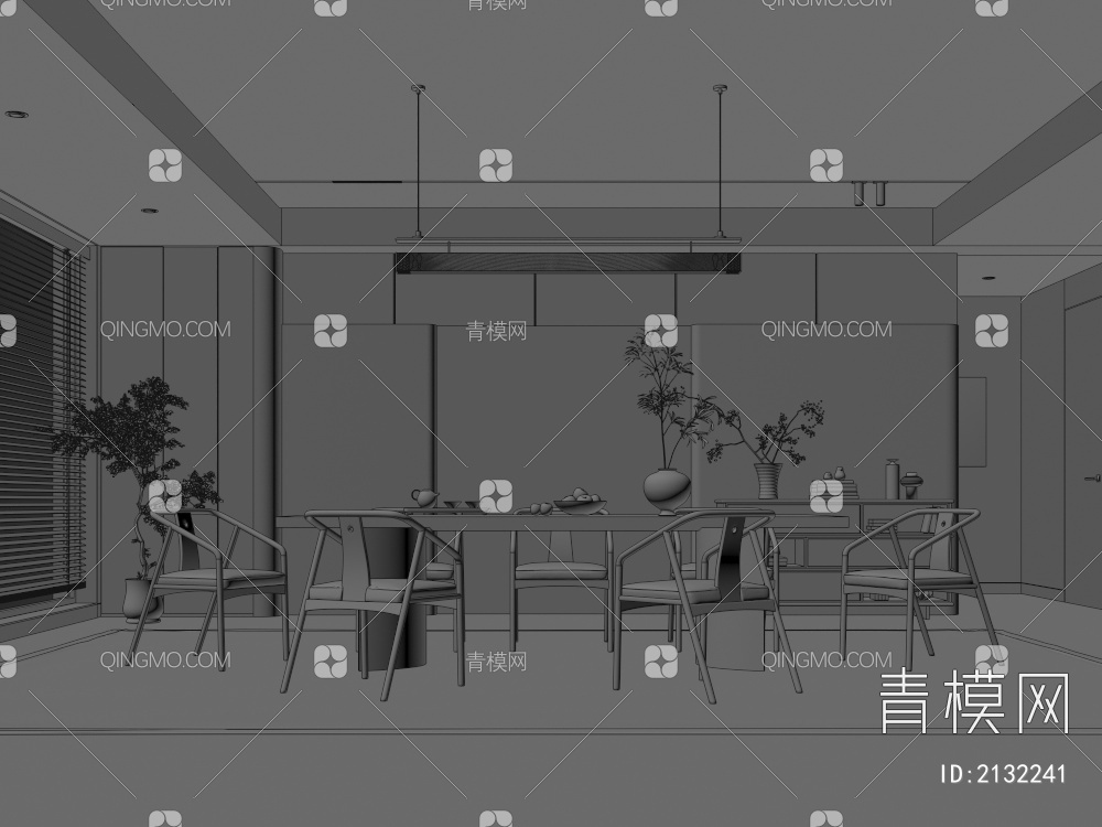 餐厅 餐桌椅组合 餐边柜 吊灯 绿植 装饰品3D模型下载【ID:2132241】