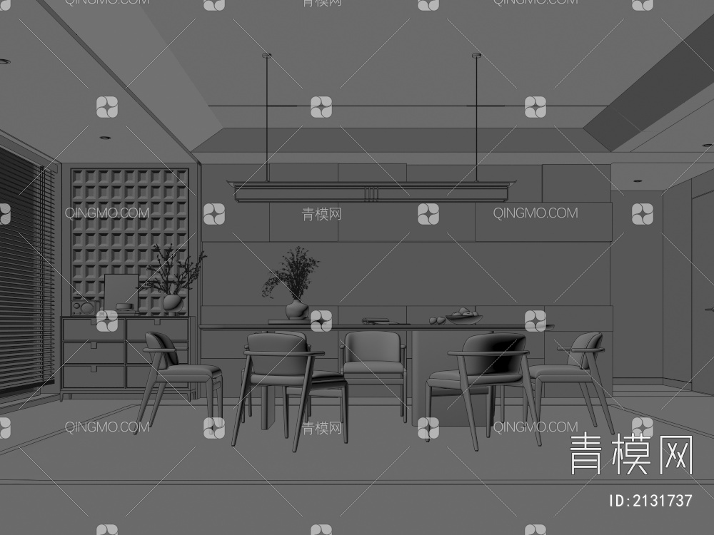 餐厅 餐桌椅组合 餐边柜 吊灯 绿植 装饰品3D模型下载【ID:2131737】