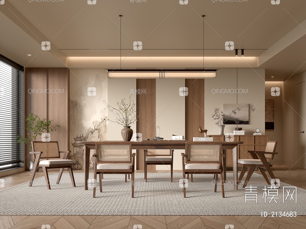 餐厅 餐桌椅组合 餐边柜 吊灯 绿植 装饰品3D模型下载【ID:2134683】