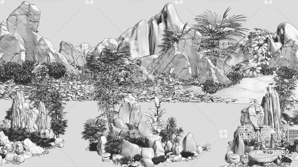 景观小品 假山植物景观3D模型下载【ID:2132389】