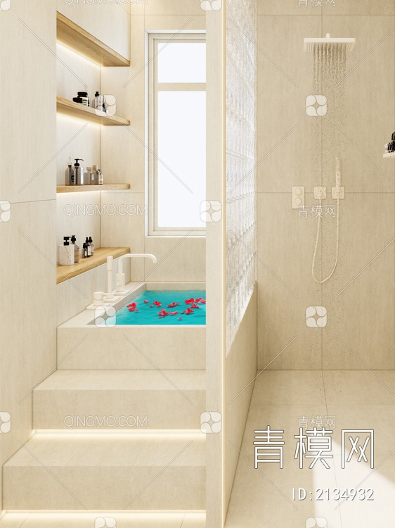 暖色系 圆弧隔断 玻璃砖 浴缸 壁龛 卫生间3D模型下载【ID:2134932】