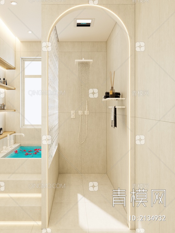 暖色系 圆弧隔断 玻璃砖 浴缸 壁龛 卫生间3D模型下载【ID:2134932】