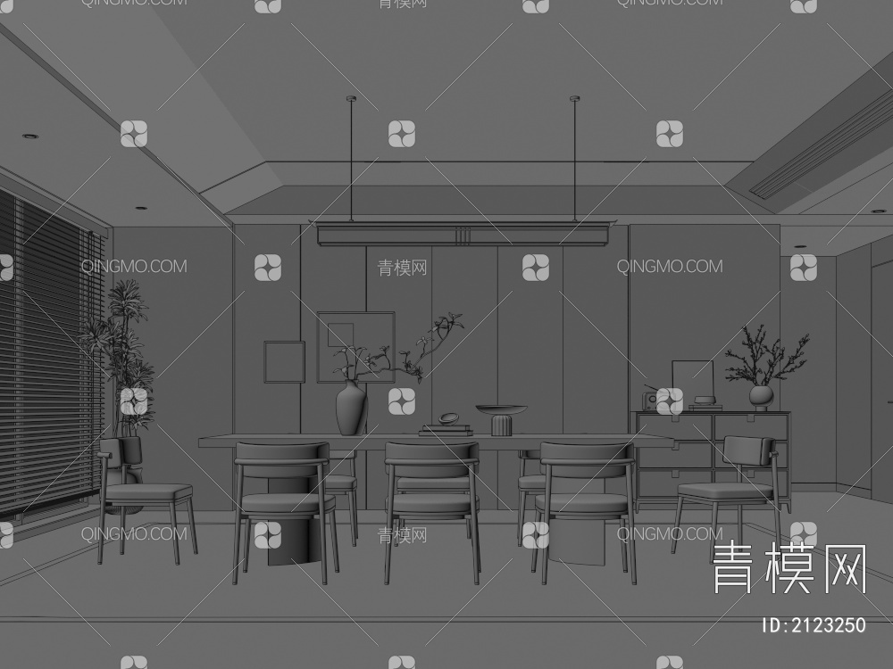 餐厅 餐桌椅组合 餐边柜 吊灯 绿植 装饰品3D模型下载【ID:2123250】