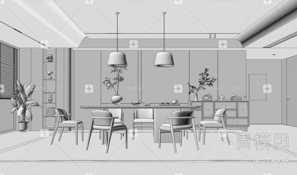 餐厅 餐桌椅组合 餐边柜 吊灯 绿植 装饰品3D模型下载【ID:2134936】
