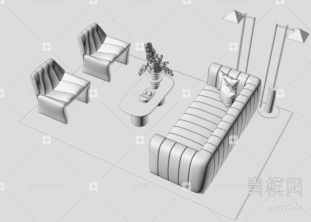 沙发茶几组合  休闲沙发  落地灯 花艺3D模型下载【ID:2135062】
