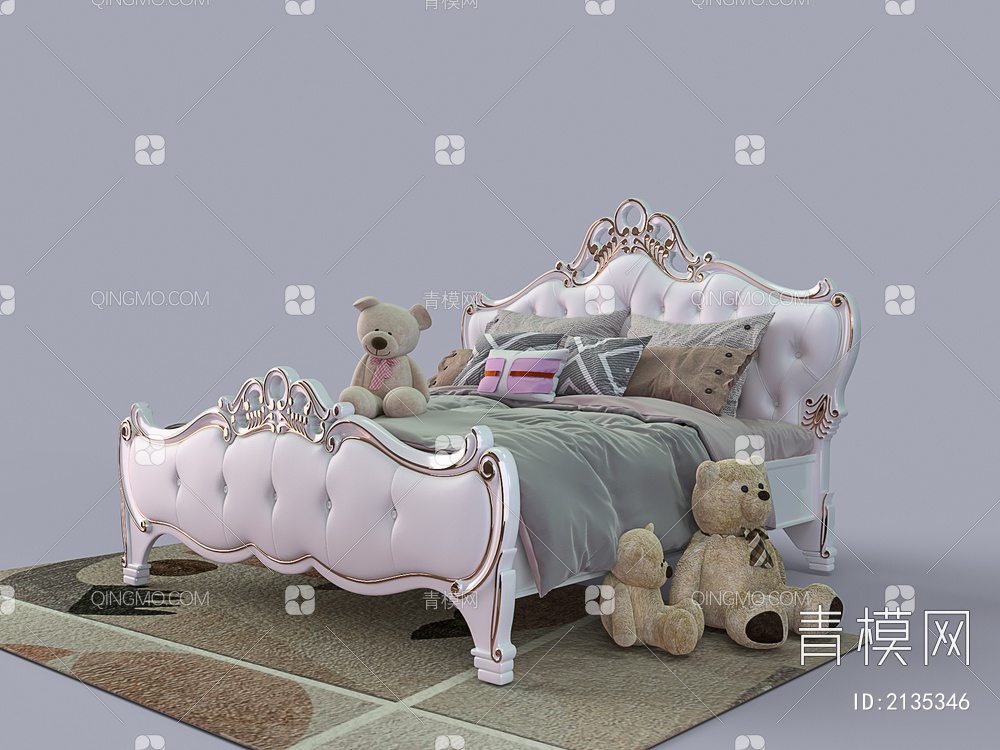 白色木质雕花皮革双人床3D模型下载【ID:2135346】