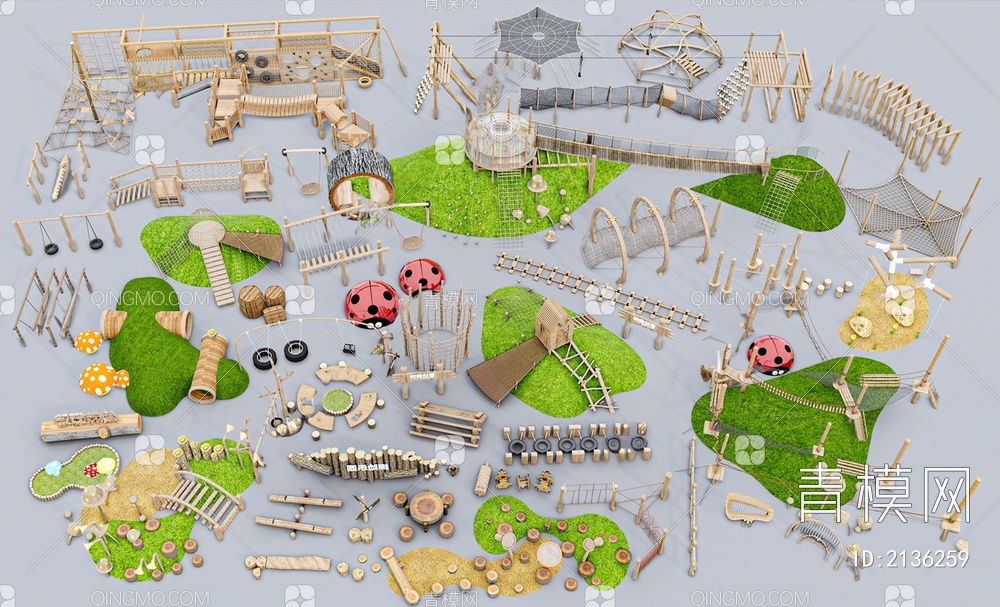 儿童器材组合_儿童户外木制器材组合_户外扩展器材_儿童生态游乐区3D模型下载【ID:2136259】