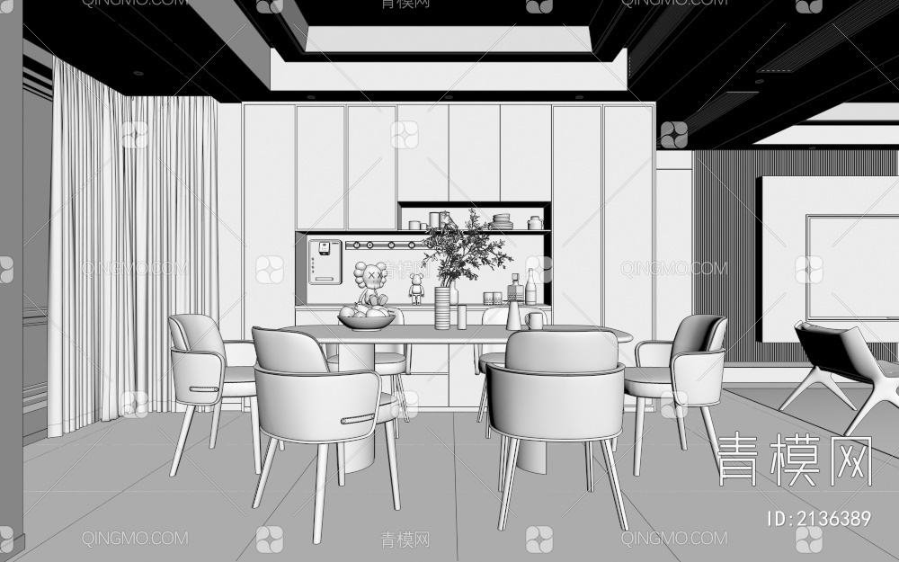 黑白灰客餐厅 沙发茶几 装饰摆件3D模型下载【ID:2136389】
