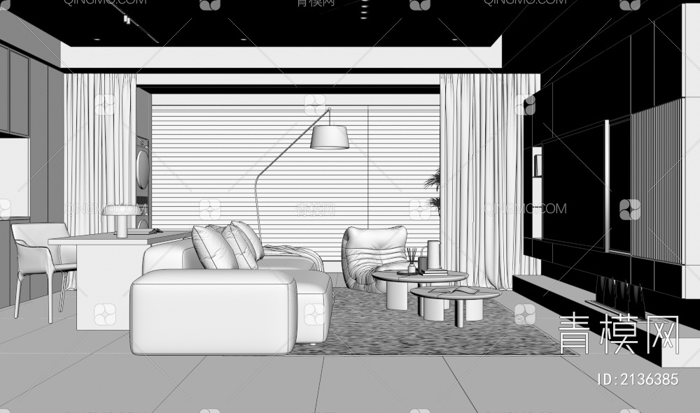 客厅 大平层客厅 极简客厅 书柜 客厅书房 意式沙发3D模型下载【ID:2136385】