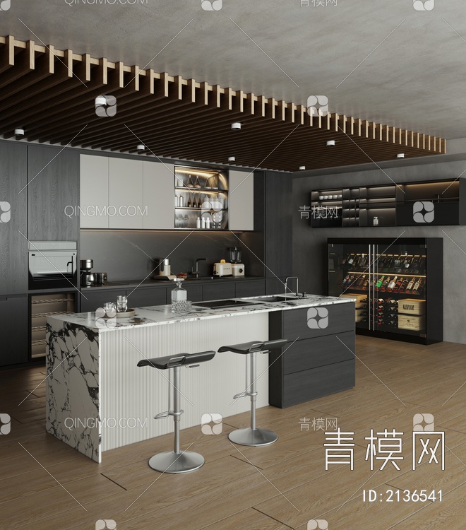 开放式厨房 吧台椅组合3D模型下载【ID:2136541】