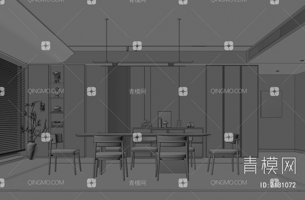 餐厅 餐桌椅组合 餐边柜 吊灯 绿植 装饰品3D模型下载【ID:2131072】