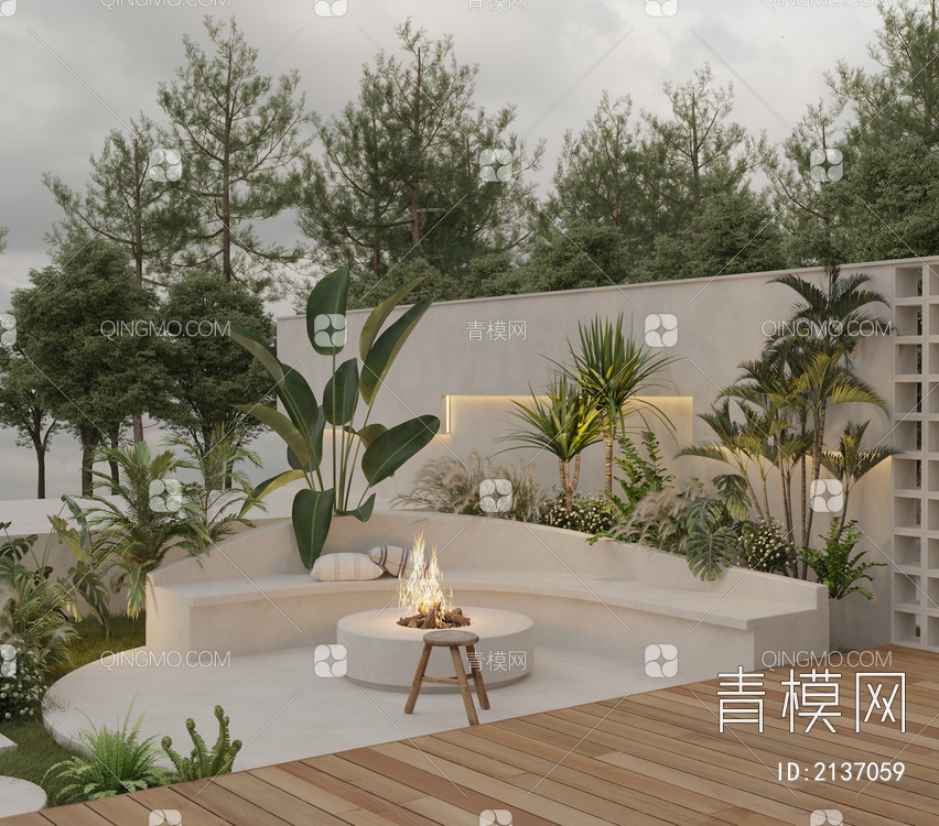 森系网红浅色花园庭院 桌椅 景墙 平视 居家庭院3D模型下载【ID:2137059】