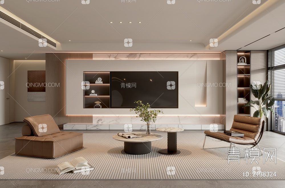 家居客厅 电视背景墙 客厅 茶几组合 沙发 电视柜 极简客厅3D模型下载【ID:2138324】