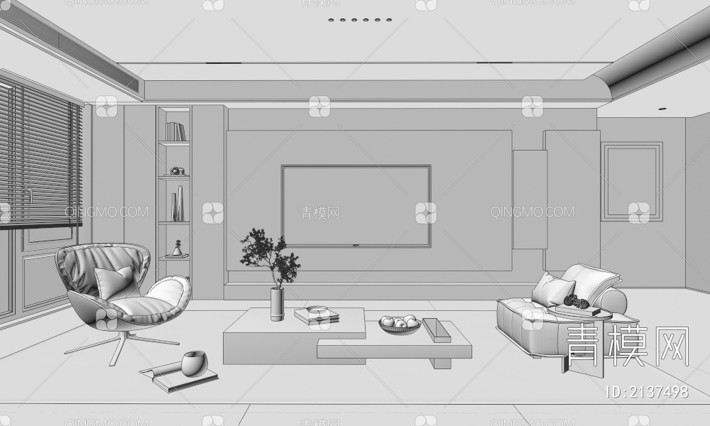 家居客厅 电视背景墙 客厅 茶几组合 沙发 电视柜 极简客厅3D模型下载【ID:2137498】